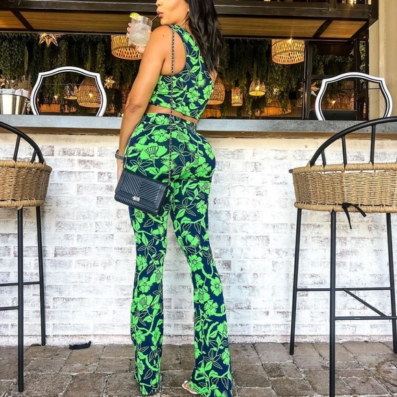 💕 Zara Green Blue Jaquard Hi waistFlare Pants Set Bloggers favourite - Picture 4 of 13